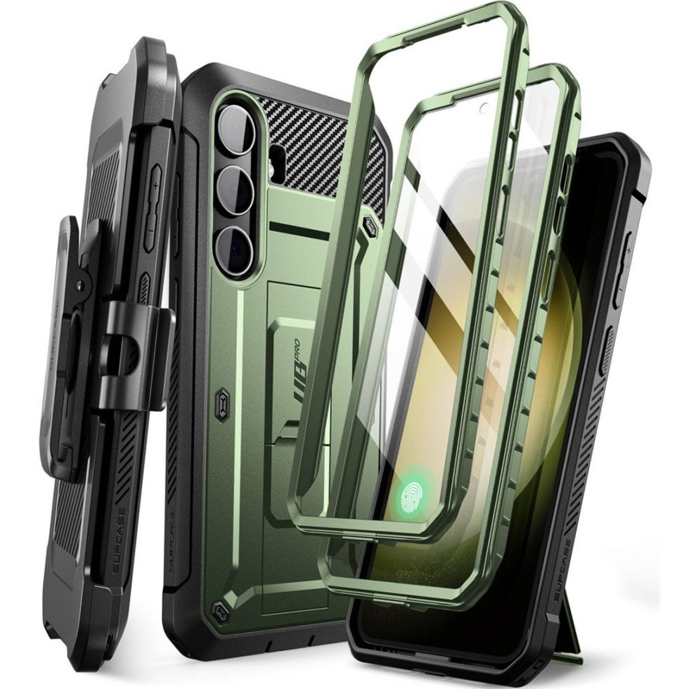 Etui pancerne z osłoną na ekran, z wbudowaną podstawką i kaburą z klipsem obrotowym Supcase Unicorn Beetle Pro do Galaxy S24, zielone